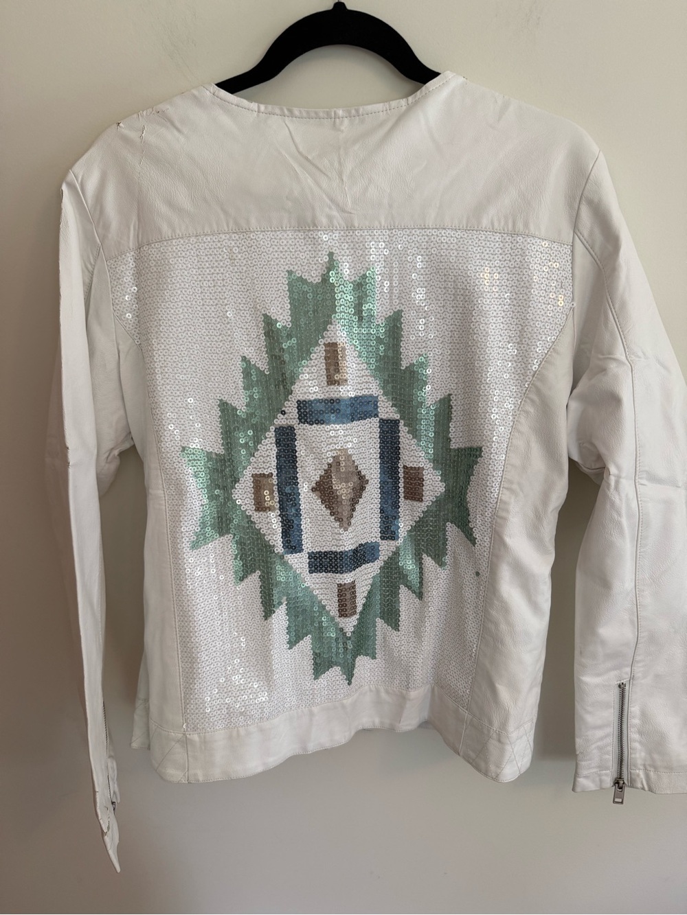 White Leather Zip Jacket with Sequins Back